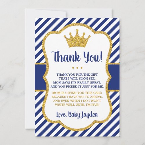 Prince Baby Shower Thank You Card  Blue and Gold