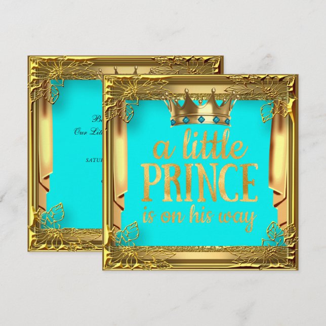 Prince Baby Shower Turquoise Teal Blue Invitation (Front/Back)