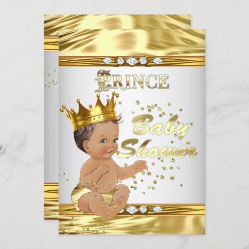 Prince Baby Shower White Gold Foil Brunette Invitation