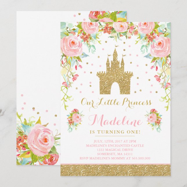 Prince Birthday Invitation Gold Princess Catle (Front/Back)