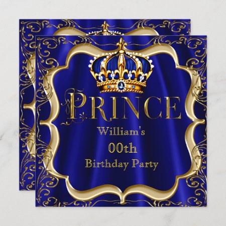 Prince Birthday Royal Blue Gold Crown Mens 2 Invitation