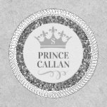 Prince Birthday Silver Custom Name Party Favor Patch<br><div class="desc">Silver glitter personalized prince or princess birthday party favor custom name patches make a great keepsake memory of a glamping or camping theme party amongst scouts and adventurous kids who love the outdoors ... . with some sparkle! The faux glitter background and simple tiara crown is custom printed individually with...</div>