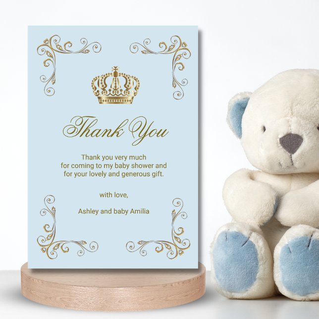 Prince Blue Gold Crown Boy Thank You Baby Shower Card (Creator Uploaded)