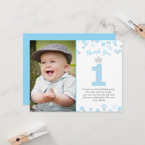 Prince Blue Silver 1st Birthday Thank You Card