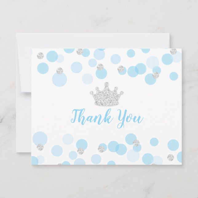 Prince Blue Silver Confetti Baby Shower Thank You Card (Front)