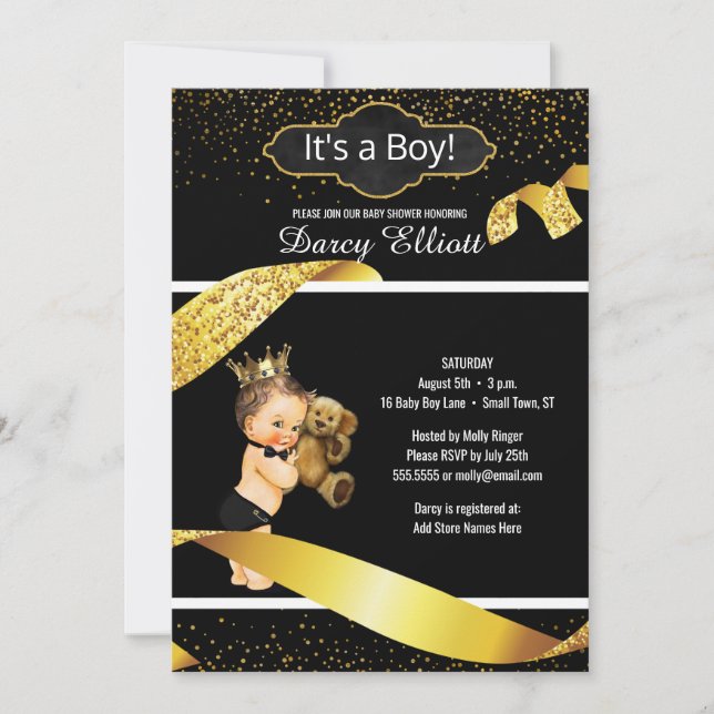 Prince Boy Baby Shower | Black Faux Gold Glitter Invitation (Front)