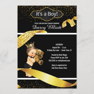 Prince Boy Baby Shower   Black Faux Gold Glitter Invitation