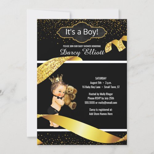 Prince Boy Baby Shower  Black Faux Gold Glitter Invitation