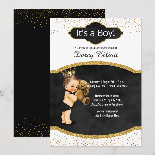 Prince Boy Baby Shower | Black Faux Gold Glitter Invitation (Front/Back)