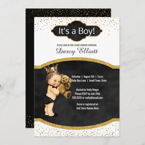 Prince Boy Baby Shower  Black Faux Gold Glitter Invitation