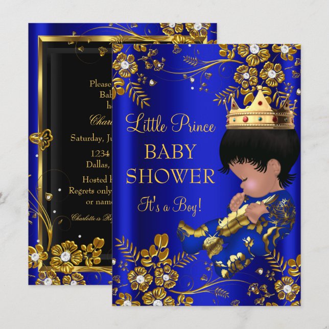 Prince Boy Baby Shower Blue Gold Invitation (Front/Back)