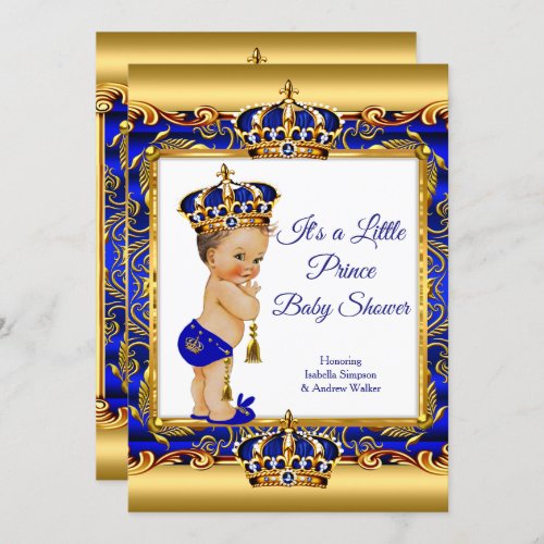 Prince Boy Baby Shower Blue Ornate Gold Brunette Invitation