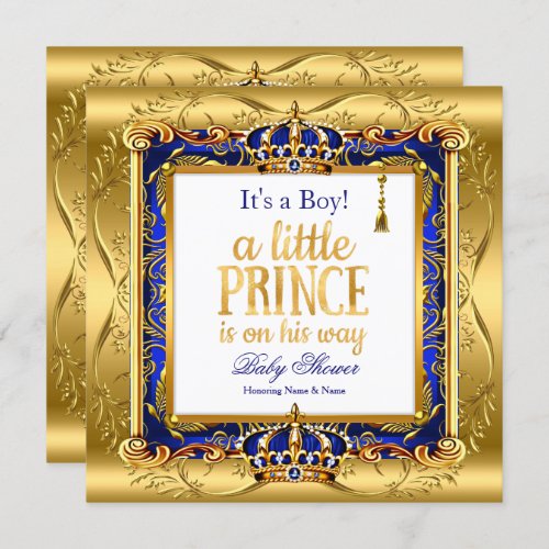 Prince Boy Baby Shower Blue Ornate Gold Invitation