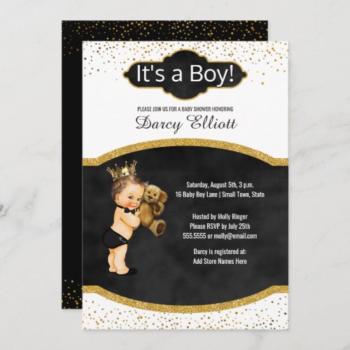 Prince Boy Baby Shower  Chalkboard Gold Glitter Invitation