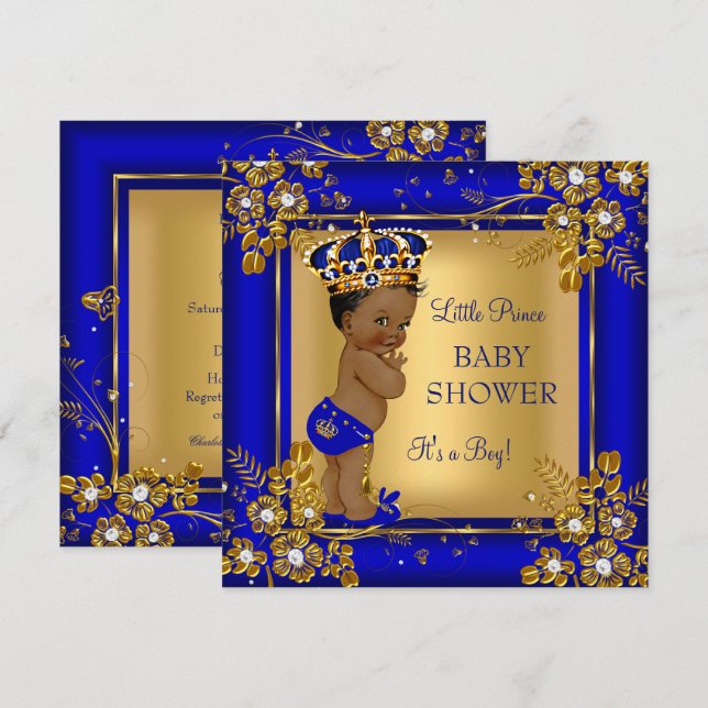Prince Boy Baby Shower Gold Blue African American Invitation (Front/Back)