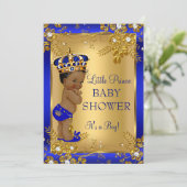 Prince Boy Baby Shower Gold Blue African American Invitation (Standing Front)