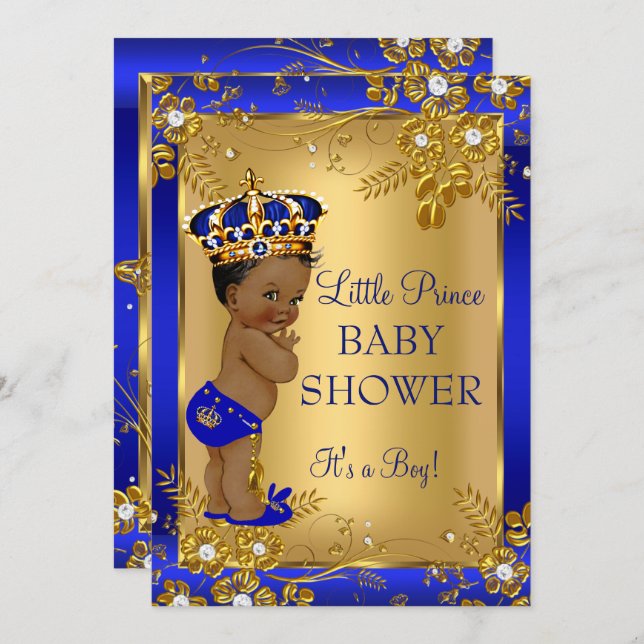 Prince Boy Baby Shower Gold Blue African American Invitation (Front/Back)