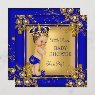 Prince Boy Baby Shower Gold Blue Brunette Invitation