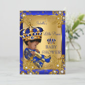 Prince Boy Baby Shower Gold Blue Crown Ethnic Invitation (Standing Front)