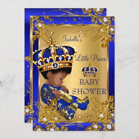 Prince Boy Baby Shower Gold Blue Crown Ethnic Invitation