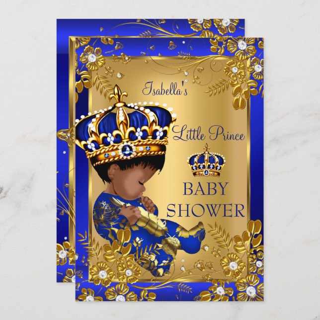 Prince Boy Baby Shower Gold Blue Crown Ethnic Invitation (Front/Back)
