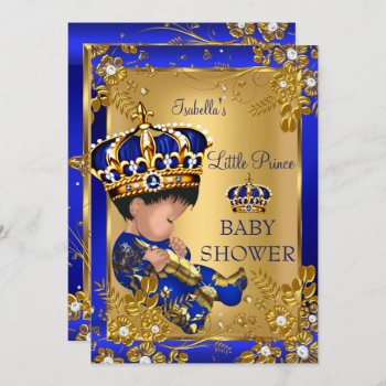 Prince Boy Baby Shower Gold Blue Crown Invitation by VintageBabyShop at Zazzle