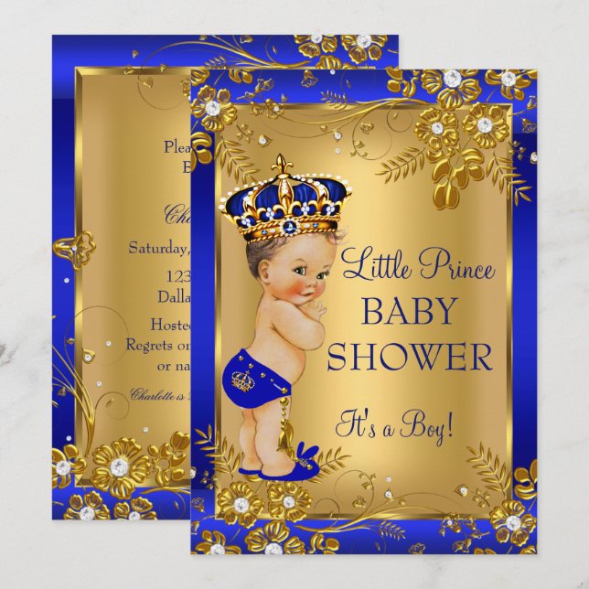 Prince Boy Baby Shower Gold Blue Floral Brunette Invitation (Front/Back)