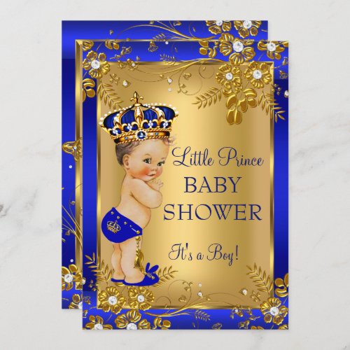 Prince Boy Baby Shower Gold Blue Floral Brunette Invitation