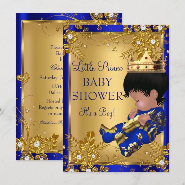 Prince Boy Baby Shower Gold & Blue Invitation (Front/Back)