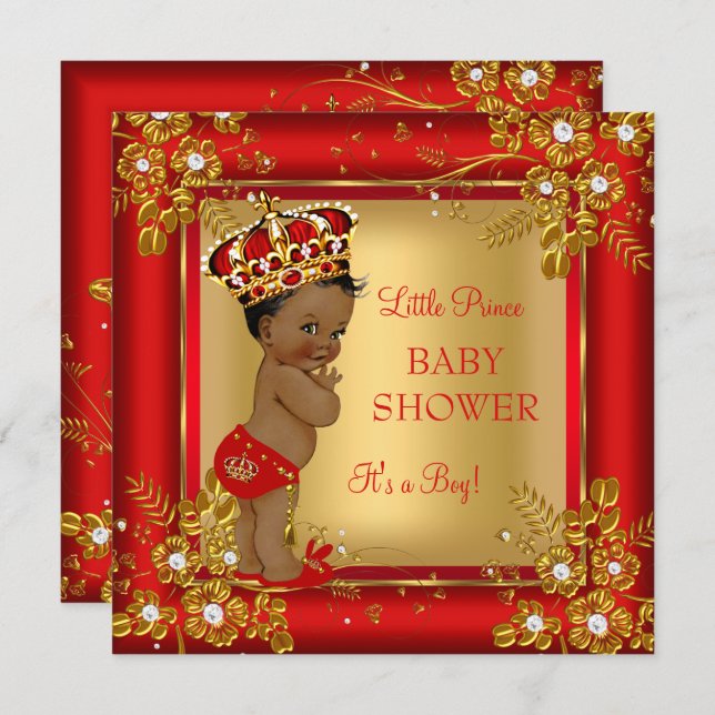Prince Boy Baby Shower Gold Red African American Invitation (Front/Back)