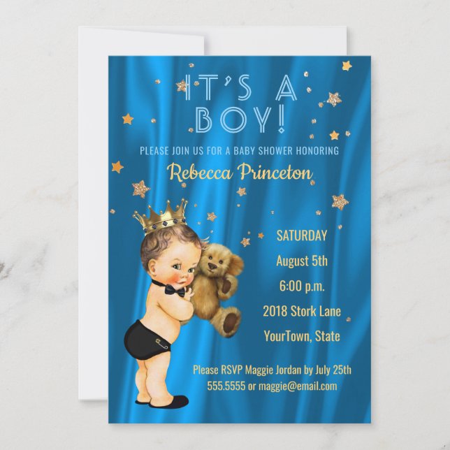 Prince Boy Baby Shower Invitation Blue Gold Stars (Front)