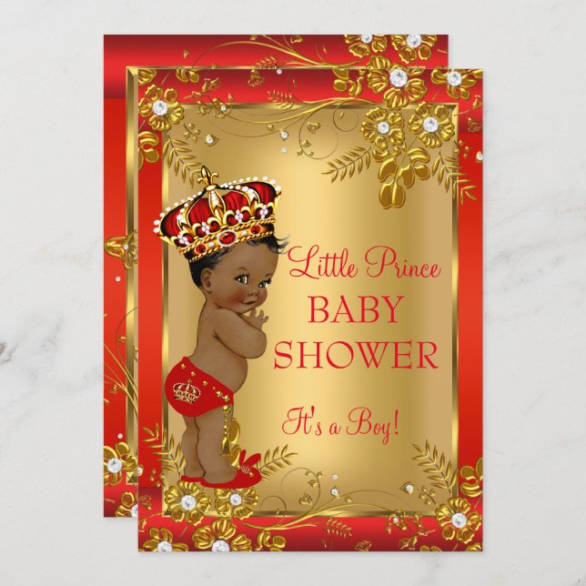 Prince Boy Baby Shower Red Gold African American Invitation (Front/Back)