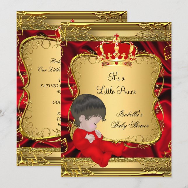Prince Boy Baby Shower Red Ornate Gold Invitation (Front/Back)
