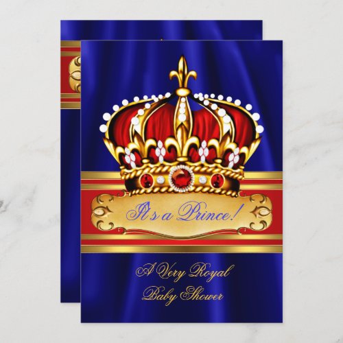 Prince Boy Baby Shower Red Royal Blue Gold Crown Invitation