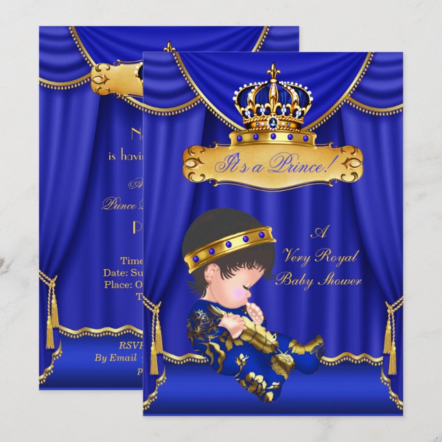Prince Boy Baby Shower Royal Blue Drapes Brunette Invitation (Front/Back)