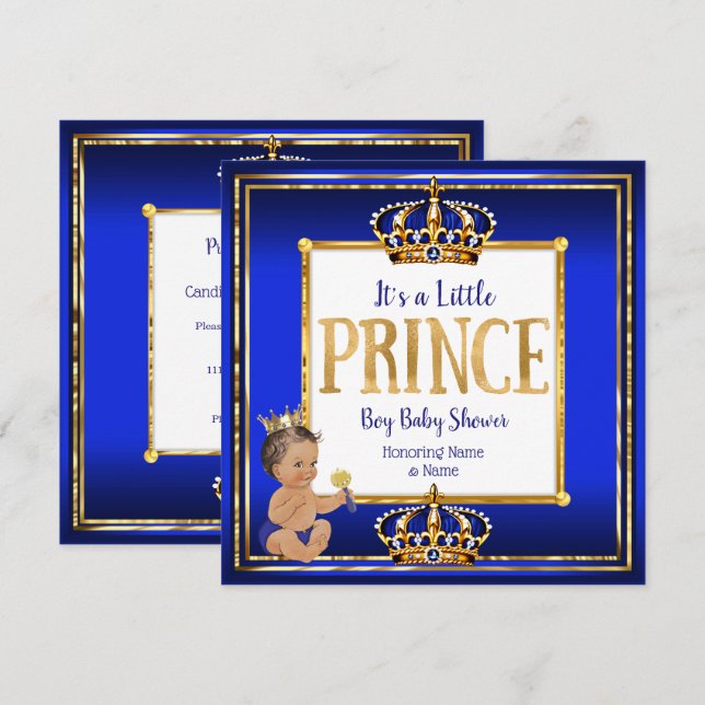 Prince Boy Baby Shower Royal Blue Gold Brunette DK Invitation (Front/Back)