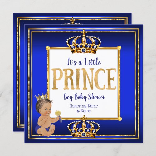 Prince Boy Baby Shower Royal Blue Gold Brunette DK Invitation