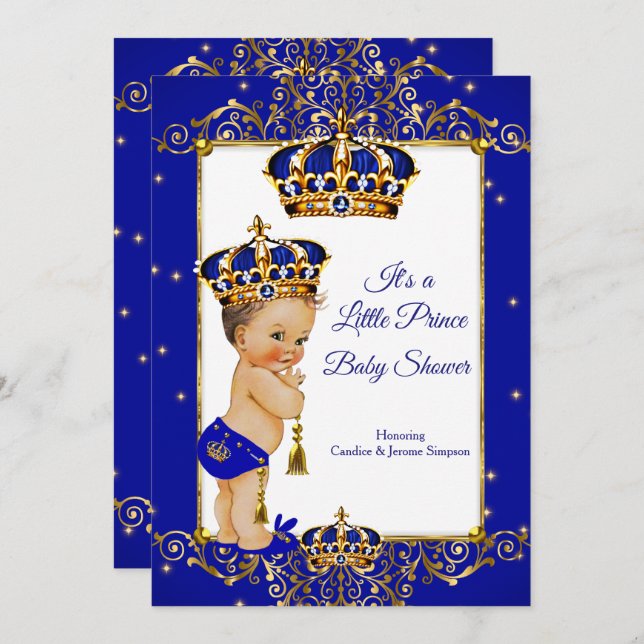 Prince Boy Baby Shower Royal Blue Gold Brunette Invitation (Front/Back)