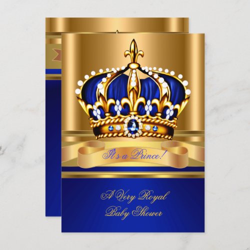 Prince Boy Baby Shower Royal Blue Gold Crown 2 Invitation