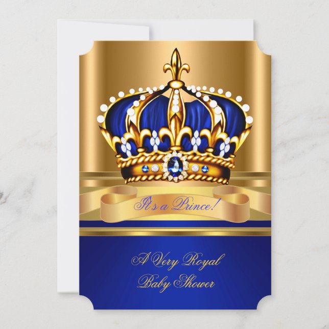 Prince Boy Baby Shower Royal Blue Gold Crown 2 Invitation (Front)