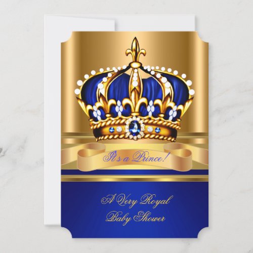 Prince Boy Baby Shower Royal Blue Gold Crown 2 Invitation