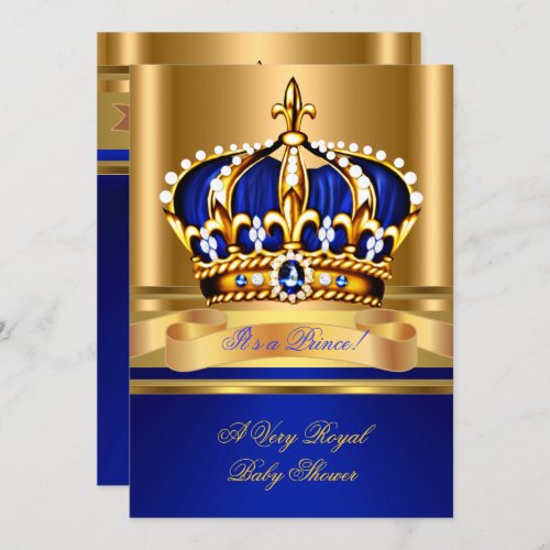 Prince Boy Baby Shower Royal Blue Gold Crown 2 Invitation