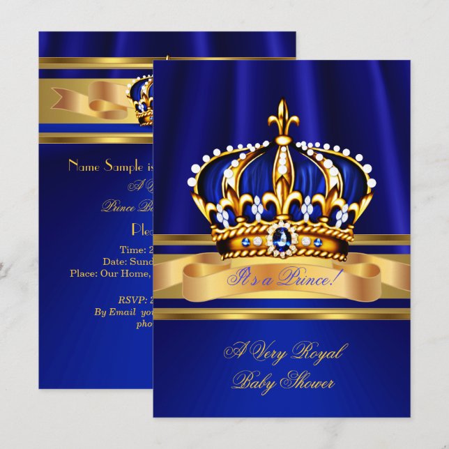 Prince Boy Baby Shower Royal Blue Gold Crown Invitation (Front/Back)