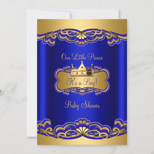 Prince Boy Baby Shower Royal Blue Gold Crown Invitation (Front)