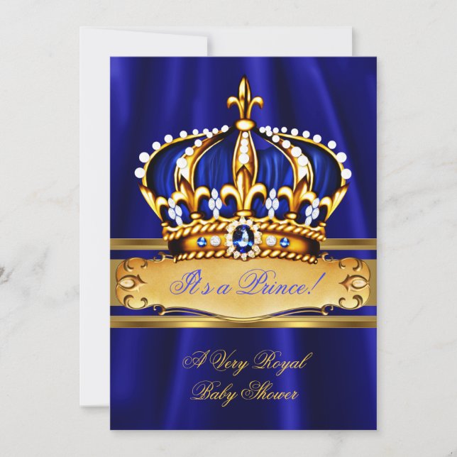 Prince Boy Baby Shower Royal Blue Gold Crown Invitation (Front)