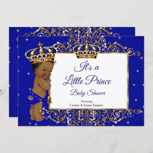 Prince Boy Baby Shower Royal Blue Gold Ethnic 2 Invitation