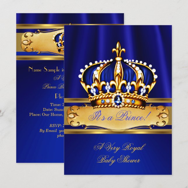 Prince Boy Baby Shower Royal Blue Gold Invitation (Front/Back)
