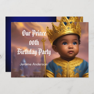 Prince Boy Birthday Blue Gold African American 2 Invitation