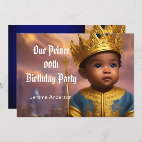Prince Boy Birthday Blue Gold African American 2 Invitation