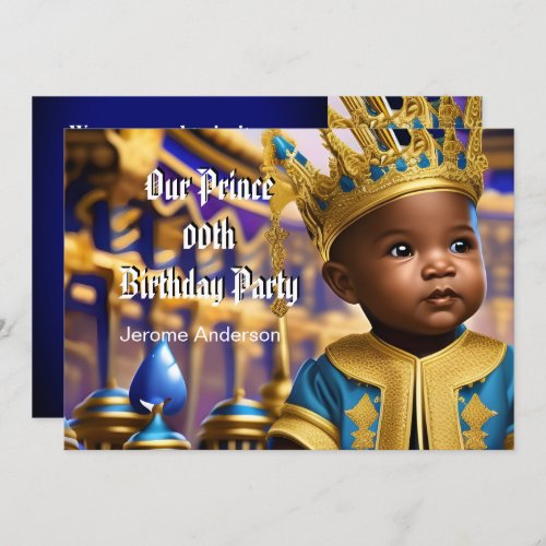 Prince Boy Birthday Blue Gold African American Invitation